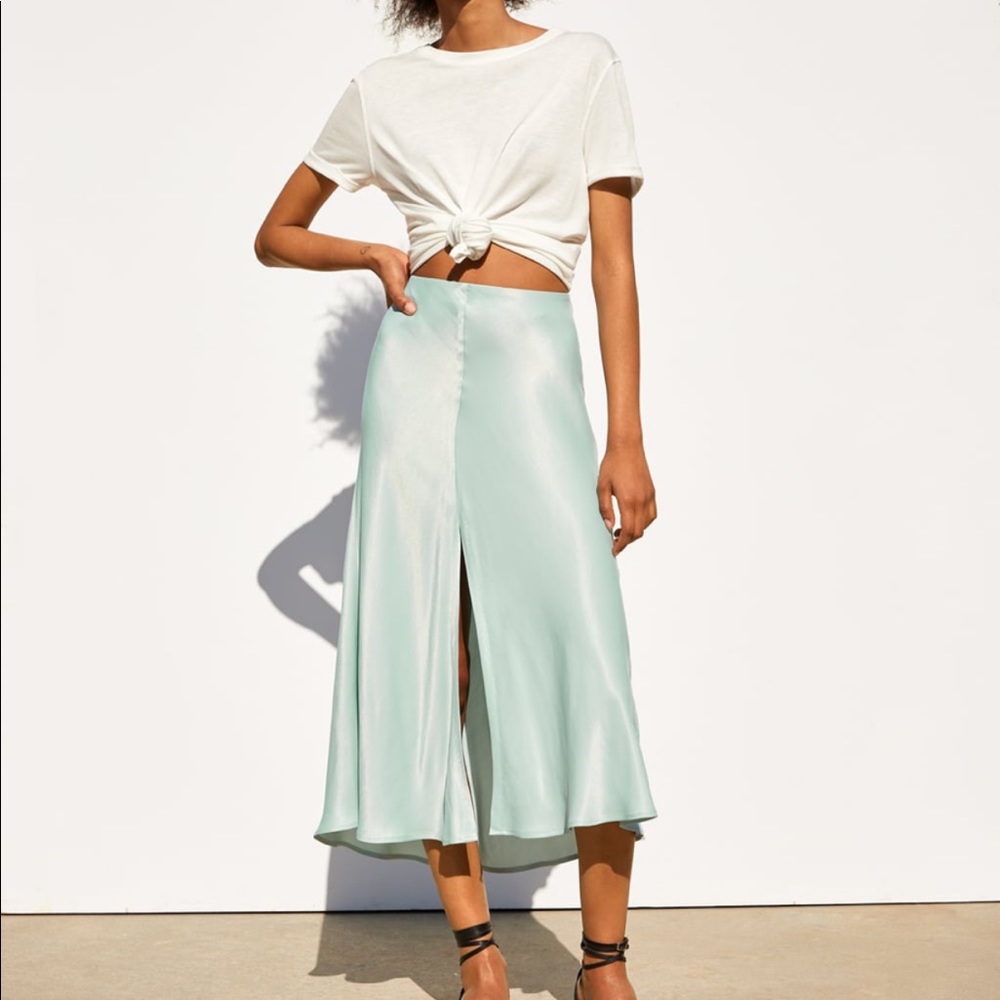 Zara Mint Green Satin Midi Skirt